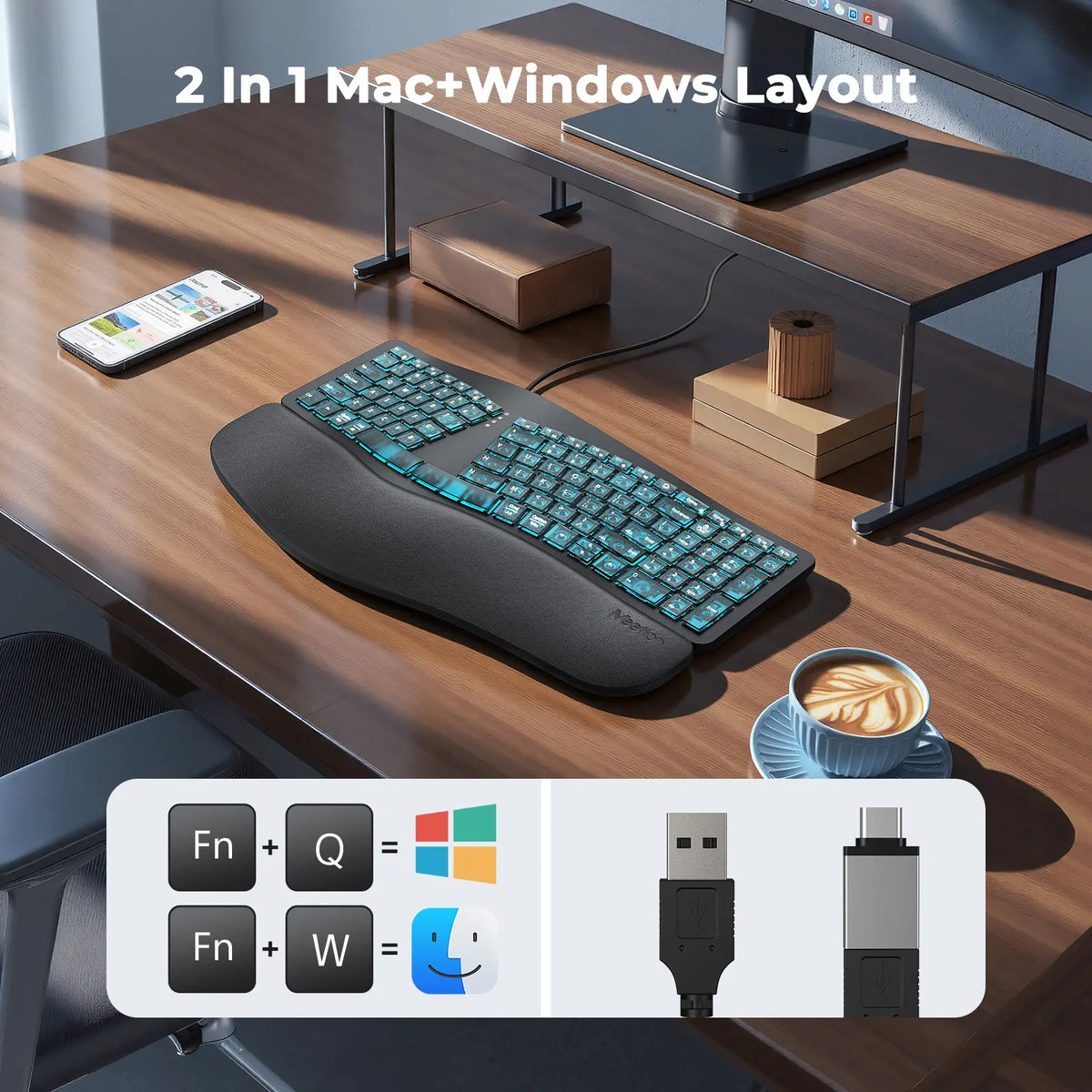 MEETION Ergonomic Design Wired RGB Lighting Keyboard, Cyberpunk Look Translucent Aesthetics, 7-Color Transparent Backlit Keys, 4 Brightness Levels, Dynamic Breathing Effect, Comfortable Wrist Rest, USB-A/USB-C Adapter for Windows Mac Laptops & Computers