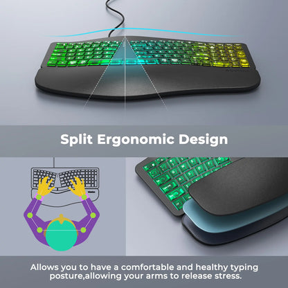 MEETION Ergonomic Design Wired RGB Lighting Keyboard, Cyberpunk Look Translucent Aesthetics, 7-Color Transparent Backlit Keys, 4 Brightness Levels, Dynamic Breathing Effect, Comfortable Wrist Rest, USB-A/USB-C Adapter for Windows Mac Laptops & Computers