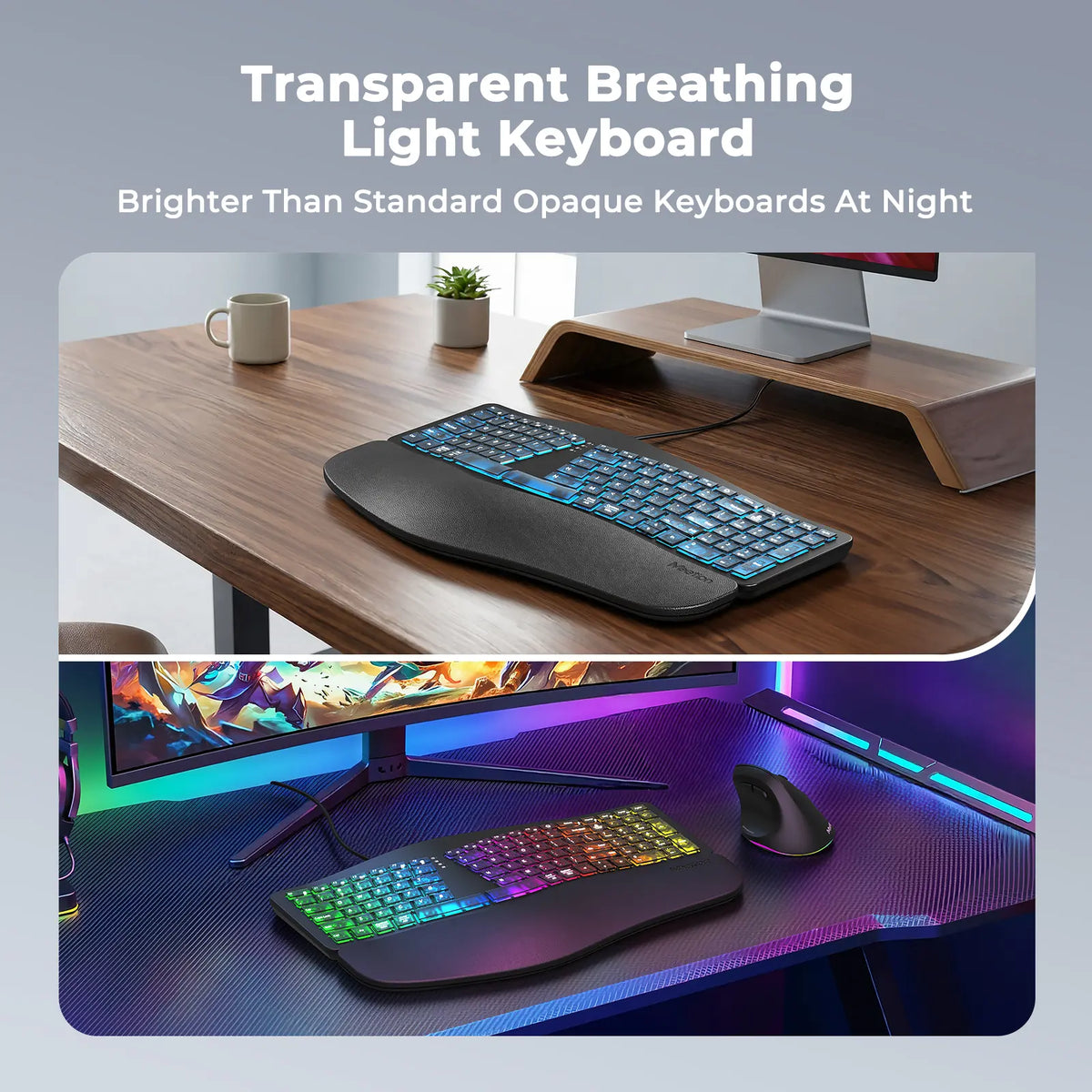 MEETION Ergonomic Design Wired RGB Lighting Keyboard, Cyberpunk Look Translucent Aesthetics, 7-Color Transparent Backlit Keys, 4 Brightness Levels, Dynamic Breathing Effect, Comfortable Wrist Rest, USB-A/USB-C Adapter for Windows Mac Laptops & Computers