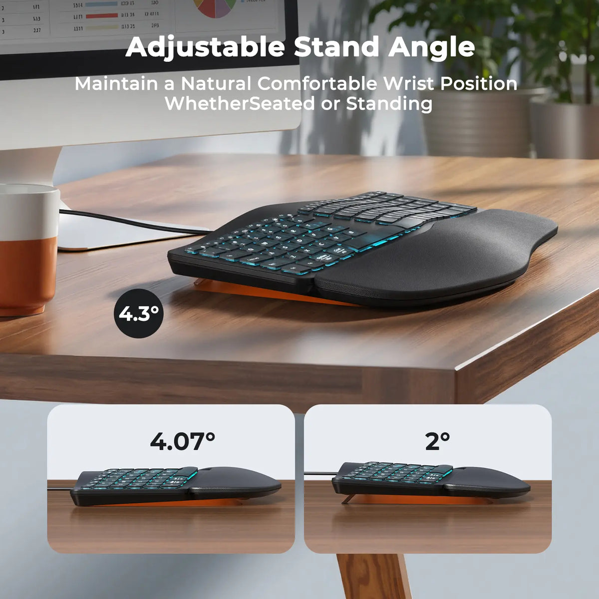 MEETION Ergonomic Design Wired RGB Lighting Keyboard, Cyberpunk Look Translucent Aesthetics, 7-Color Transparent Backlit Keys, 4 Brightness Levels, Dynamic Breathing Effect, Comfortable Wrist Rest, USB-A/USB-C Adapter for Windows Mac Laptops & Computers