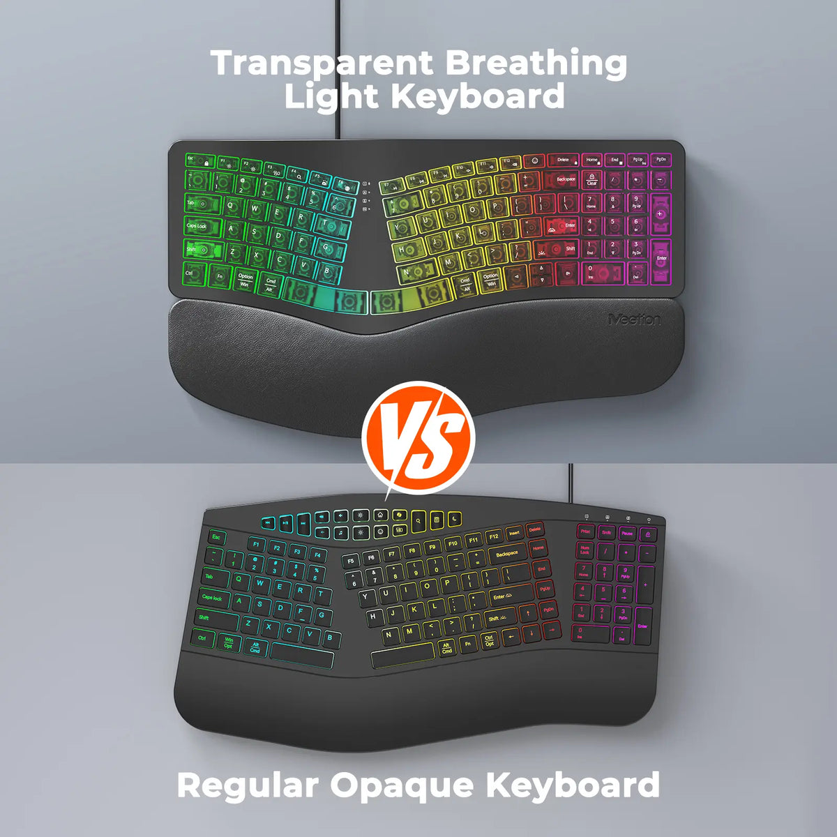 MEETION Ergonomic Design Wired RGB Lighting Keyboard, Cyberpunk Look Translucent Aesthetics, 7-Color Transparent Backlit Keys, 4 Brightness Levels, Dynamic Breathing Effect, Comfortable Wrist Rest, USB-A/USB-C Adapter for Windows Mac Laptops & Computers