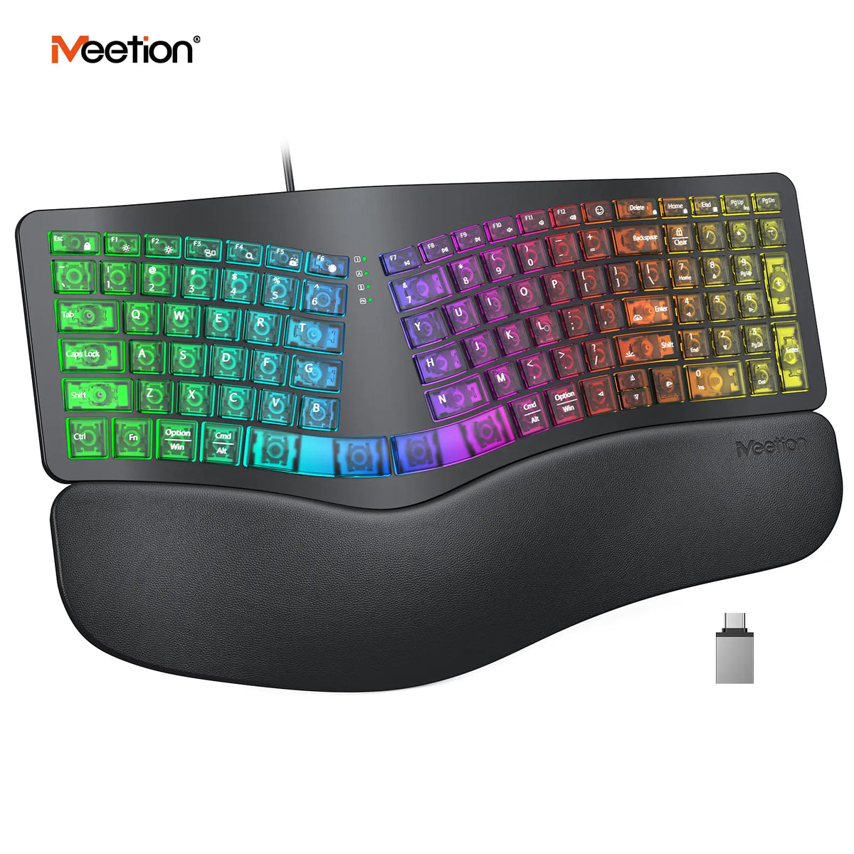 MEETION Ergonomic Design Wired RGB Lighting Keyboard, Cyberpunk Look Translucent Aesthetics, 7-Color Transparent Backlit Keys, 4 Brightness Levels, Dynamic Breathing Effect, Comfortable Wrist Rest, USB-A/USB-C Adapter for Windows Mac Laptops & Computers