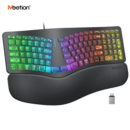 MEETION Ergonomic Design Wired RGB Lighting Keyboard, Cyberpunk Look Translucent Aesthetics, 7-Color Transparent Backlit Keys, 4 Brightness Levels, Dynamic Breathing Effect, Comfortable Wrist Rest, USB-A/USB-C Adapter for Windows Mac Laptops & Computers