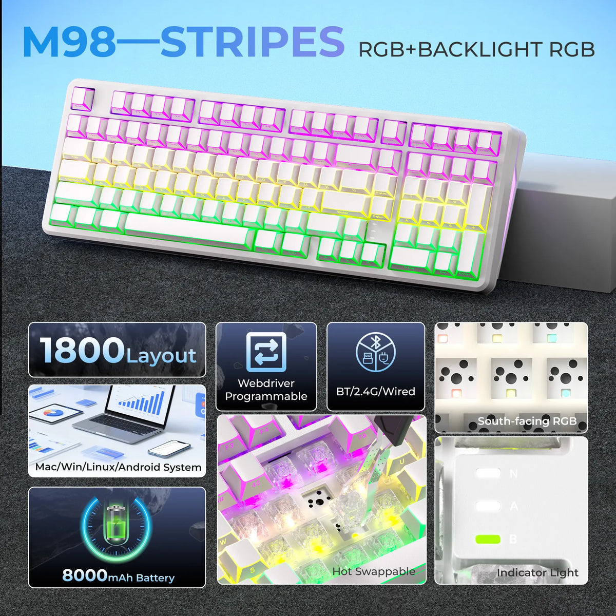 XVX M98 Lumina Full-Size Tri-Mode Wireless Mechanical Keyboard with Number Pad, Bt5.0/2.4Ghz/Usb-C, Pre-Lubed Hot Swappable Switches, Gasket Structure, 8000Mah, RGB Backlit, Creamy Keyboard for Pcs/Macs, Mechanical Input, Gaming & Office Use