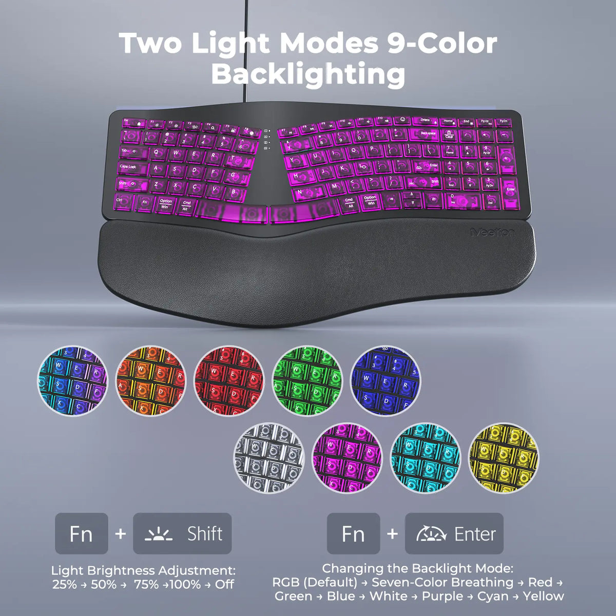 MEETION Ergonomic Design Wired RGB Lighting Keyboard, Cyberpunk Look Translucent Aesthetics, 7-Color Transparent Backlit Keys, 4 Brightness Levels, Dynamic Breathing Effect, Comfortable Wrist Rest, USB-A/USB-C Adapter for Windows Mac Laptops & Computers